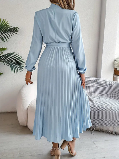 Damen Plisseekleid mit langen Ärmeln und Bindegürtel – Elegantes Midikleid für festliche Anlässe