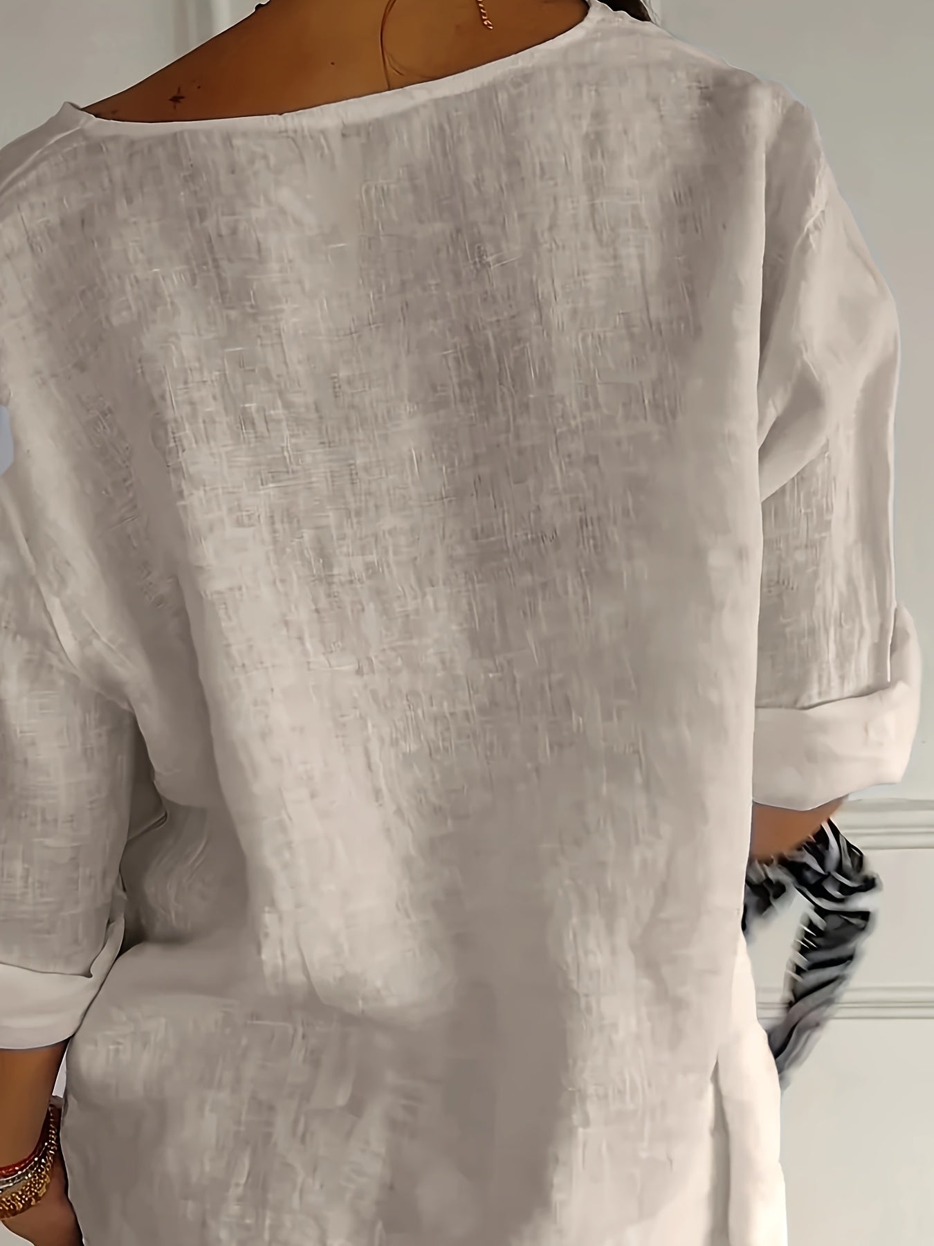 Damen Leinenbluse mit Knopfleiste und 3/4 Ärmeln – Eleganter Freizeit-Look für Alltag und Büro