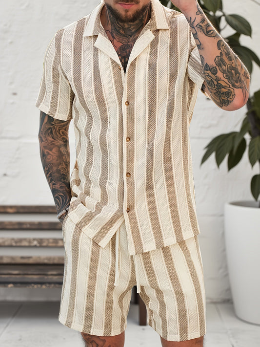 Herren Sommer Set – Gestreiftes Kurzarmhemd & Shorts, Lässig, Ideal für Urlaub & Freizeit