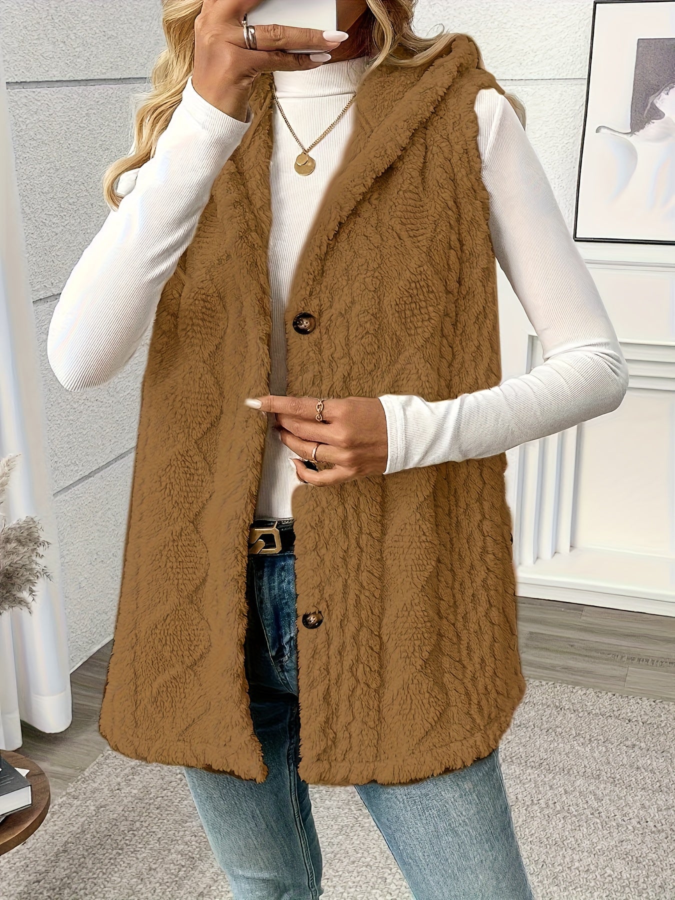 Damen Strickweste mit Kapuze und Knöpfen – Eleganter Freizeit-Look für jeden Anlass