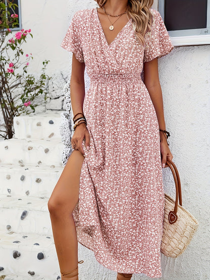 Damen Boho Maxikleid mit V-Ausschnitt und Blumenmuster – Elegantes Sommerkleid für Alltag und Urlaub