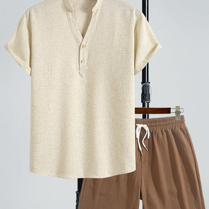 Herren Zweiteiliges Freizeitset mit Henley-Shirt und Shorts – Moderner Look für Alltag und Urlaub