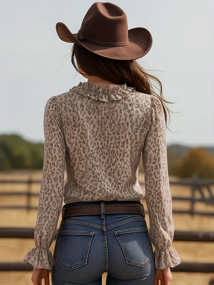 Damen Bluse mit Volants und Leopardenmuster – Eleganter Vintage-Look für Freizeit & Ausgehen