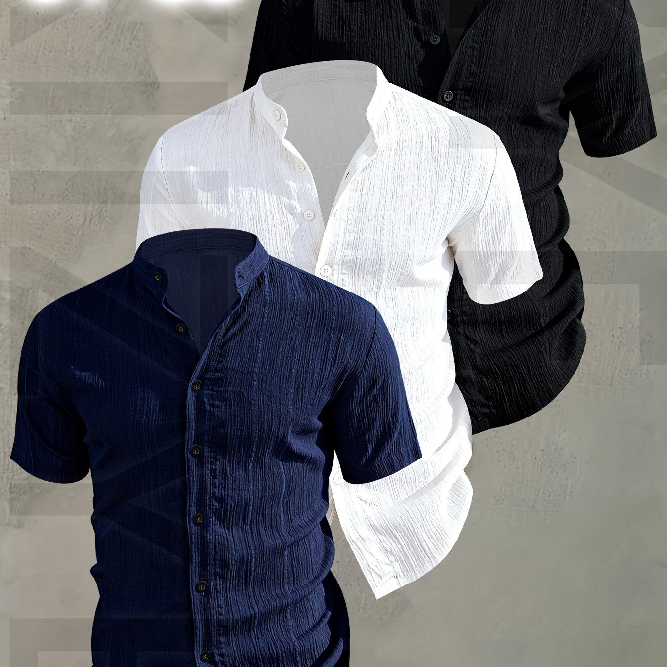Herren 3er-Pack Freizeithemd mit Stehkragen, Kurzarm, Modernes Design, Knopfleiste