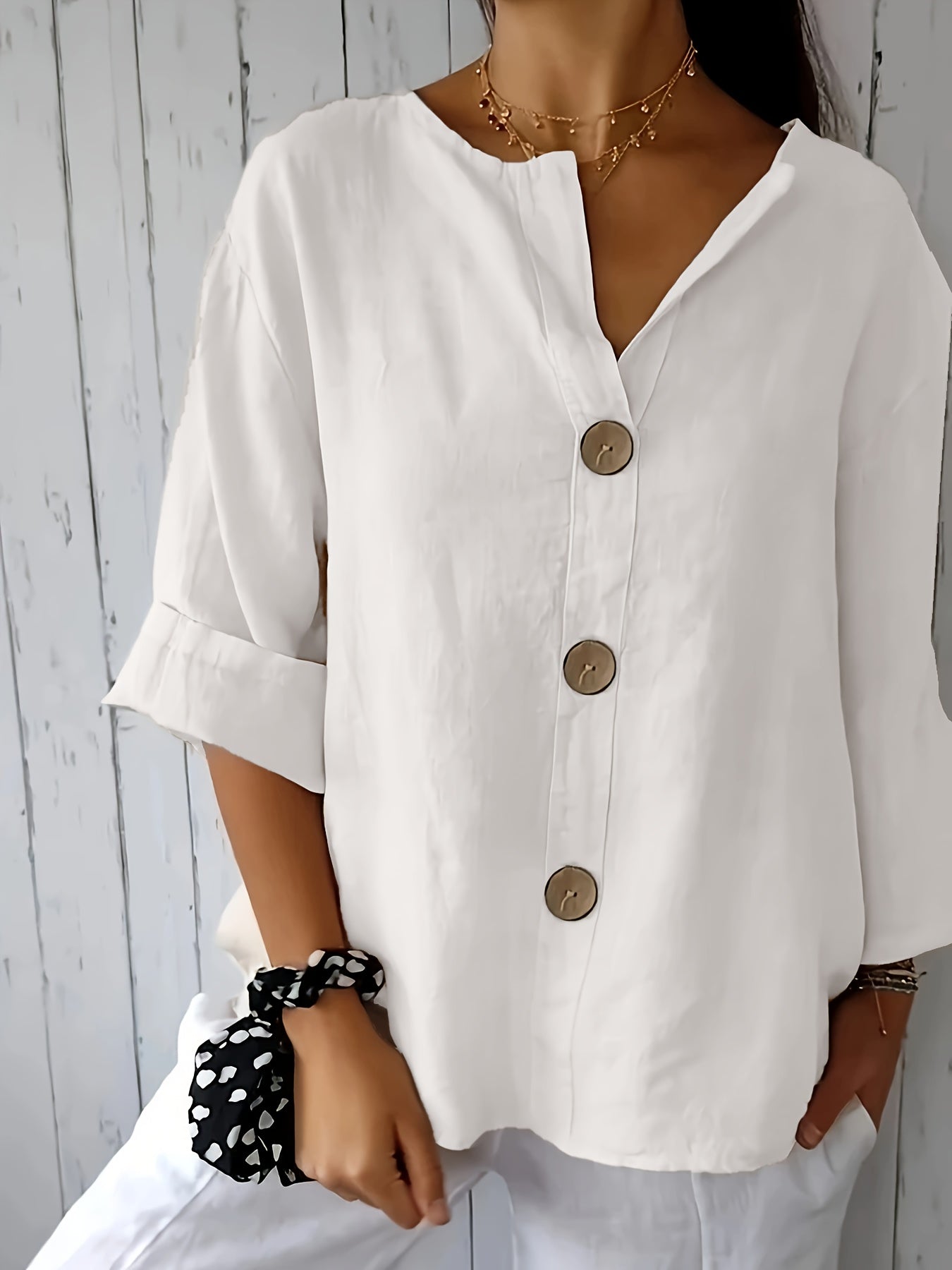 Damen Leinenbluse mit Knopfleiste und 3/4 Ärmeln – Eleganter Freizeit-Look für Alltag und Büro