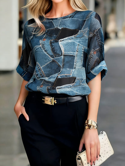 Damen Bluse mit großen floralen Prints und transparentem Overlay – Eleganter Stil für Büro und Freizeit