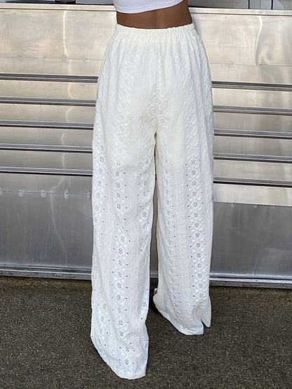 Damen Weite Broderie-Hose mit Spitze und Elastikbund – Eleganter Boho-Style für Strand und Freizeit