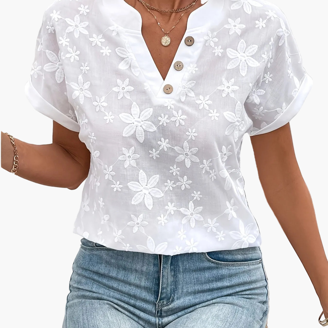 Damen Bluse Elegant Bestickt Kurzarm Sommer Freizeit V-Ausschnitt