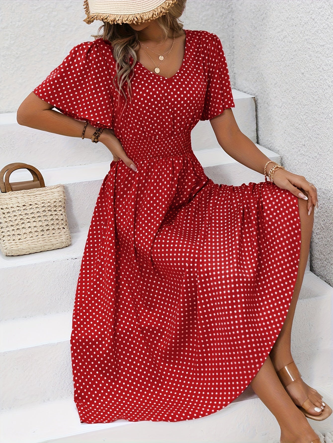 Damen Sommerkleid mit Punkten, V-Ausschnitt, elegant und luftig für Alltag & Urlaub