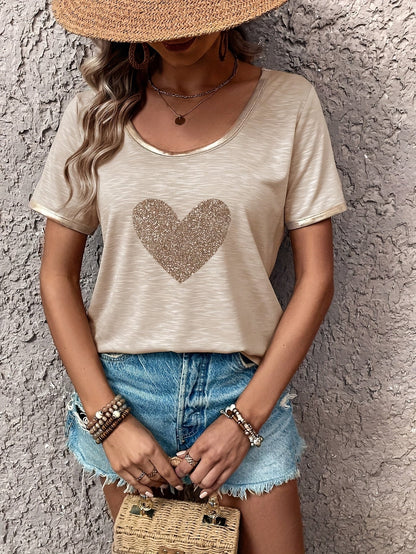 Damen T-Shirt mit Herzmotiv und Metallic-Details – Modisches Freizeitshirt, lässig und stilvoll