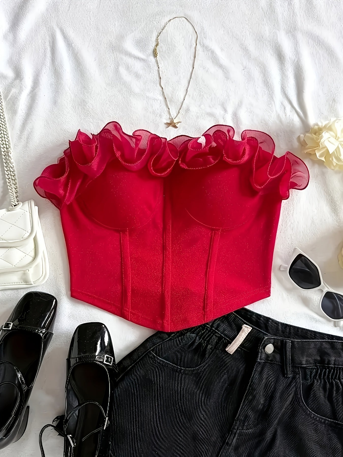 Damen Bustier Top mit Volantkragen – Elegantes, Schulterfreies Corsagen-Oberteil für Party & Ausgehen