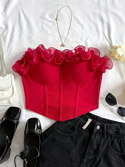 Damen Bustier Top mit Volantkragen – Elegantes, Schulterfreies Corsagen-Oberteil für Party & Ausgehen