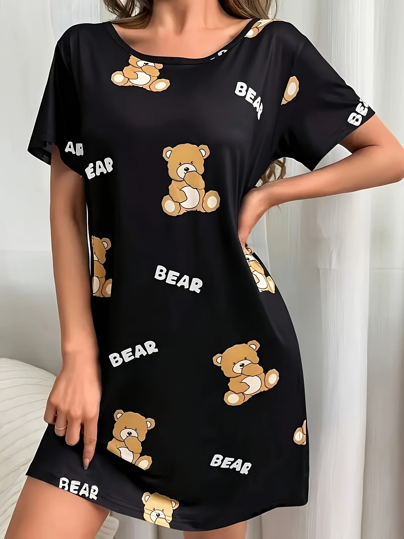 Damen Nachthemd mit Teddybär-Print – Bequemes Casual Schlafshirt für Erwachsene