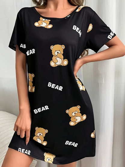 Damen Nachthemd mit Teddybär-Print – Bequemes Casual Schlafshirt für Erwachsene