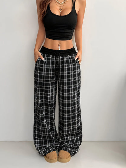 Damen Weite Freizeit-Hose mit Karomuster und Tunnelzug – Lässiger Streetstyle für Alltag & Wochenende