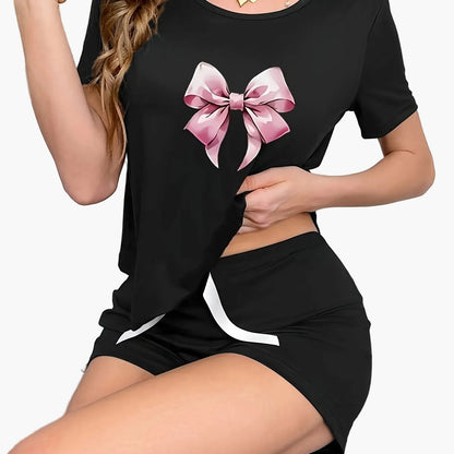 Damen Pyjama-Set mit Schleifen-Print – Kurzarm Shirt und Shorts, Stilvoll & Bequem für Zuhause