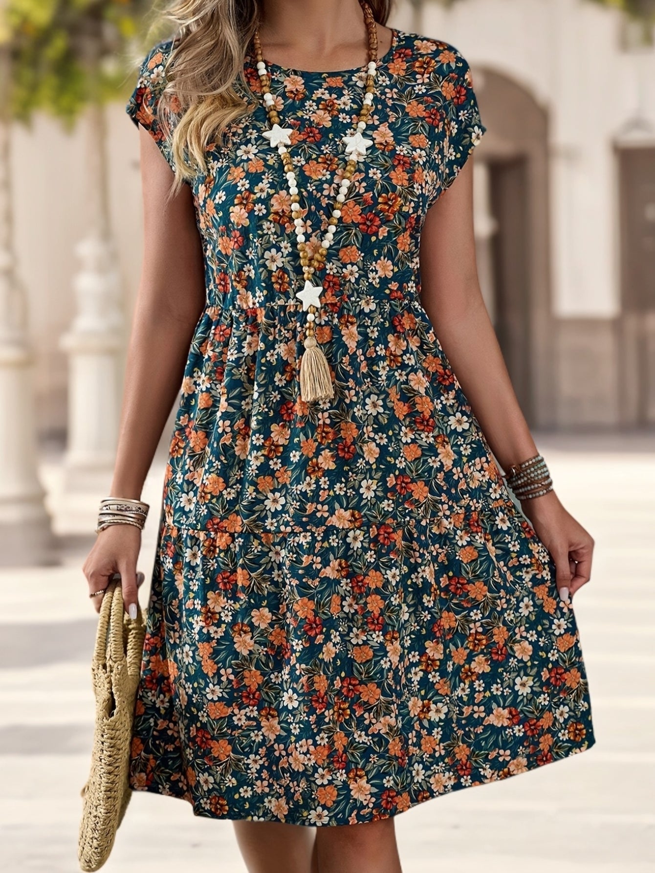 Damen Freizeitkleid mit Blumenmuster im Boho-Stil – Sommerkleid mit Kurzarm für Urlaub und Alltag