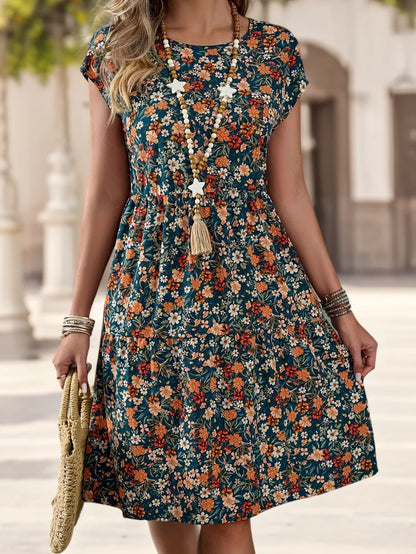 Damen Freizeitkleid mit Blumenmuster im Boho-Stil – Sommerkleid mit Kurzarm für Urlaub und Alltag