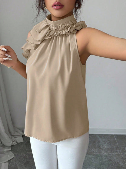 Damen Rüschenbluse mit Stehkragen – Elegante ärmellose Bluse für festliche Anlässe und Büro
