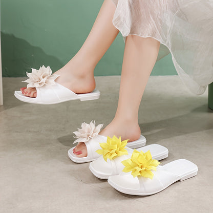 Damen Blumen-Slipper Sandalen – Verspielte Sommerschuhe mit Blütenapplikation