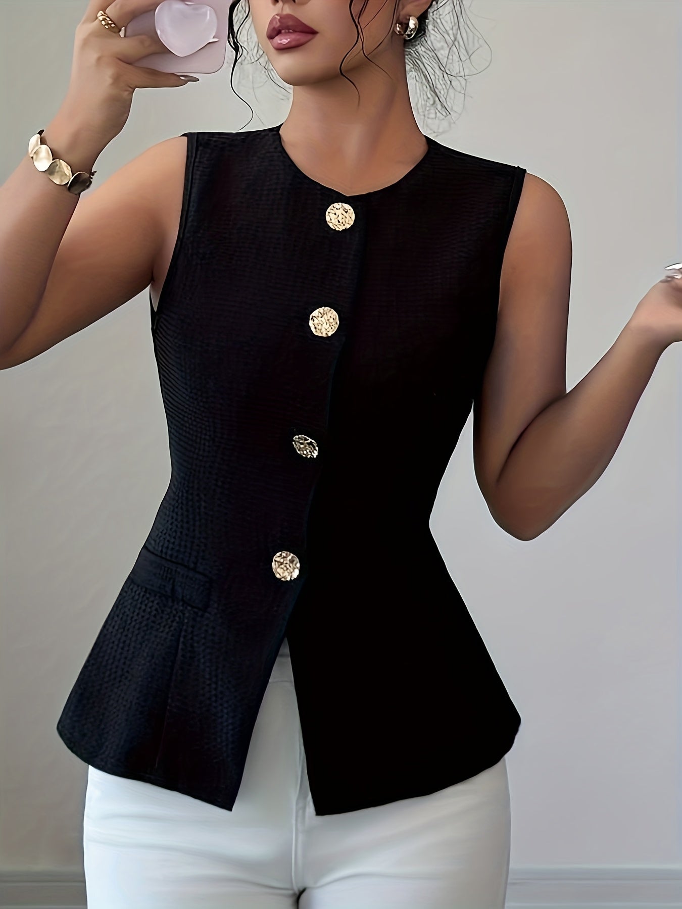Damen Elegante Weste mit Goldknöpfen – Perfekt für Büro und Freizeit