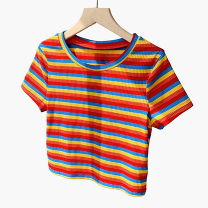 Damen Modernes Streifen-Rippstrick T-Shirt – Kurzarm, Lässiger Streetstyle