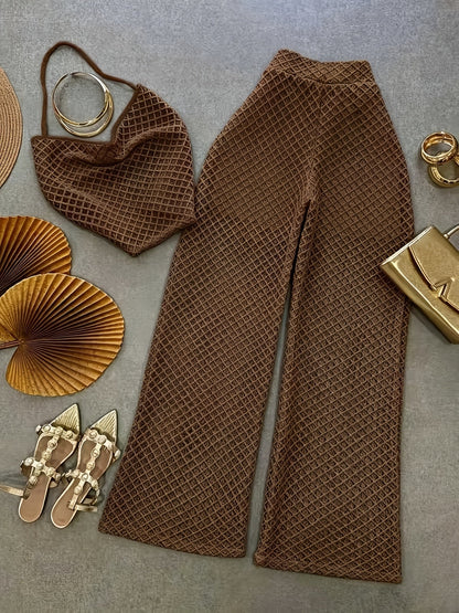 Damen Zweiteiler Set – Elegantes Netz-Top und Weitbeinige Hose für Urlaub & Strand