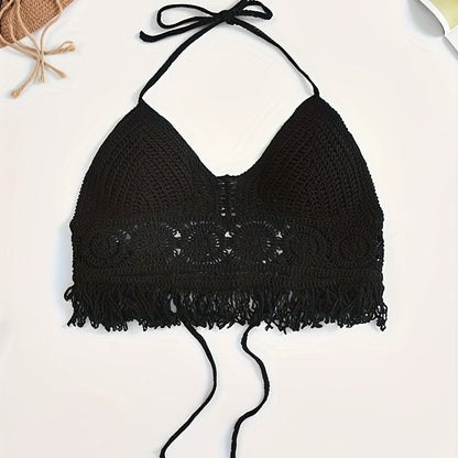 Damen Boho Häkel-Bralette Top mit Neckholder und Fransen – Festival & Strandmode