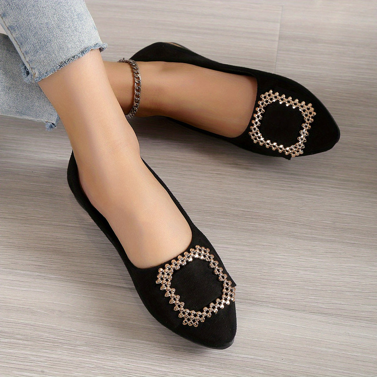Damen Elegante Slip-On Ballerinas mit Glitzer-Schnalle – Ideal für Alltag & besondere Anlässe