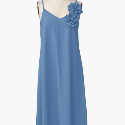 Damen Sommerkleid Elegant mit Blumenapplikation und V-Ausschnitt – Perfekt für Gartenpartys und besondere Anlässe