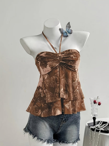 Damen Halterneck Volant-Top mit Herzmuster und Rüschen – Verspielter, femininer Look für Freizeit und Ausgehen