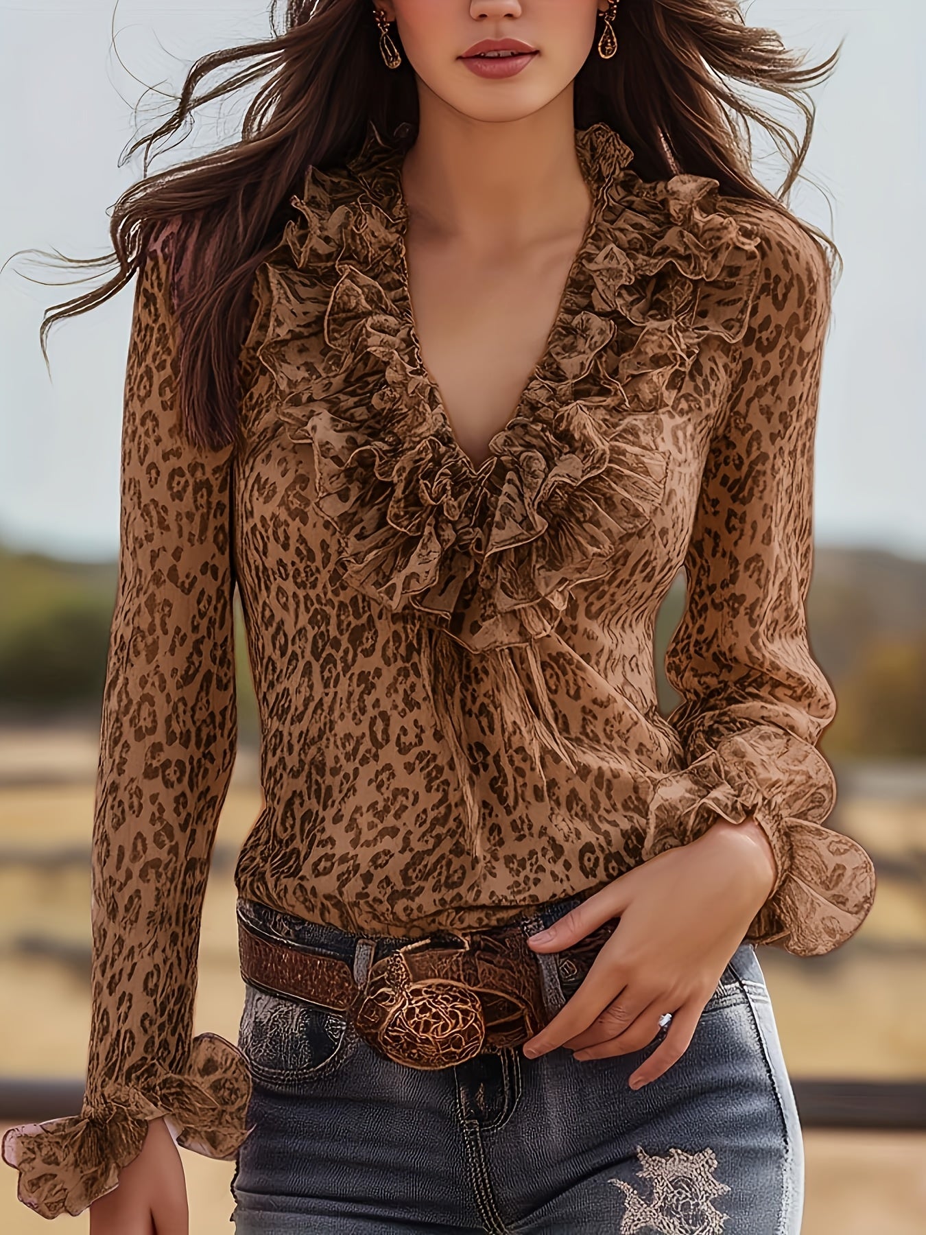 Damen Bluse mit Volants und Leopardenmuster – Eleganter Vintage-Look für Freizeit & Ausgehen