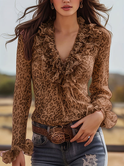 Damen Bluse mit Volants und Leopardenmuster – Eleganter Vintage-Look für Freizeit & Ausgehen