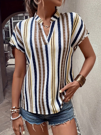 Damen Sommerbluse mit Streifenmuster und V-Ausschnitt – Eleganter Freizeit-Look