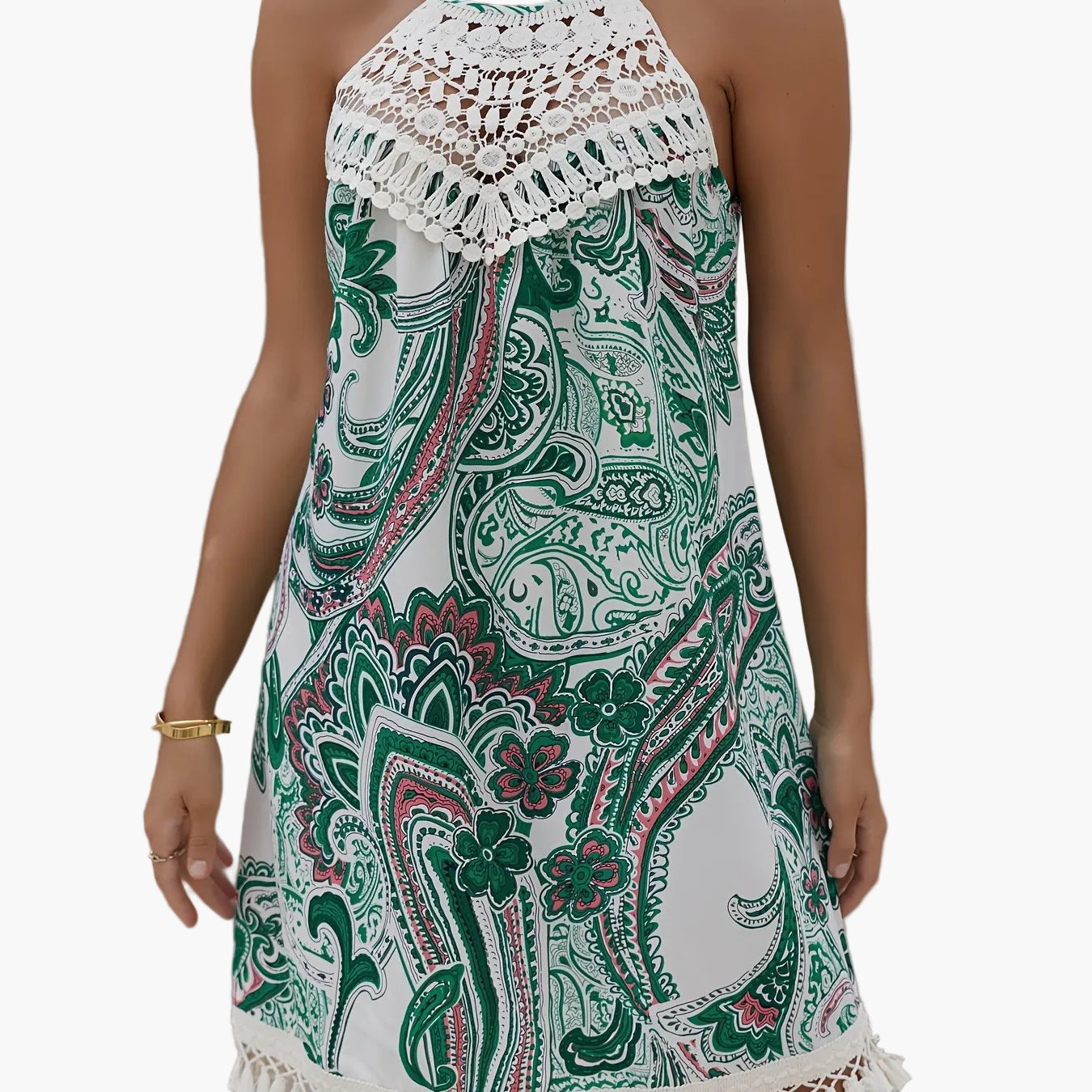 Damen Sommer Tunika Strandkleid mit Häkelspitze und Paisley-Muster – Boho Chic Freizeitkleid
