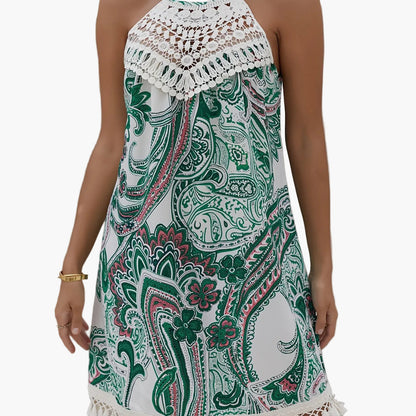 Damen Sommer Tunika Strandkleid mit Häkelspitze und Paisley-Muster – Boho Chic Freizeitkleid
