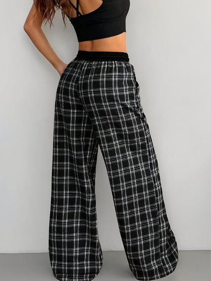 Damen Weite Freizeit-Hose mit Karomuster und Tunnelzug – Lässiger Streetstyle für Alltag & Wochenende