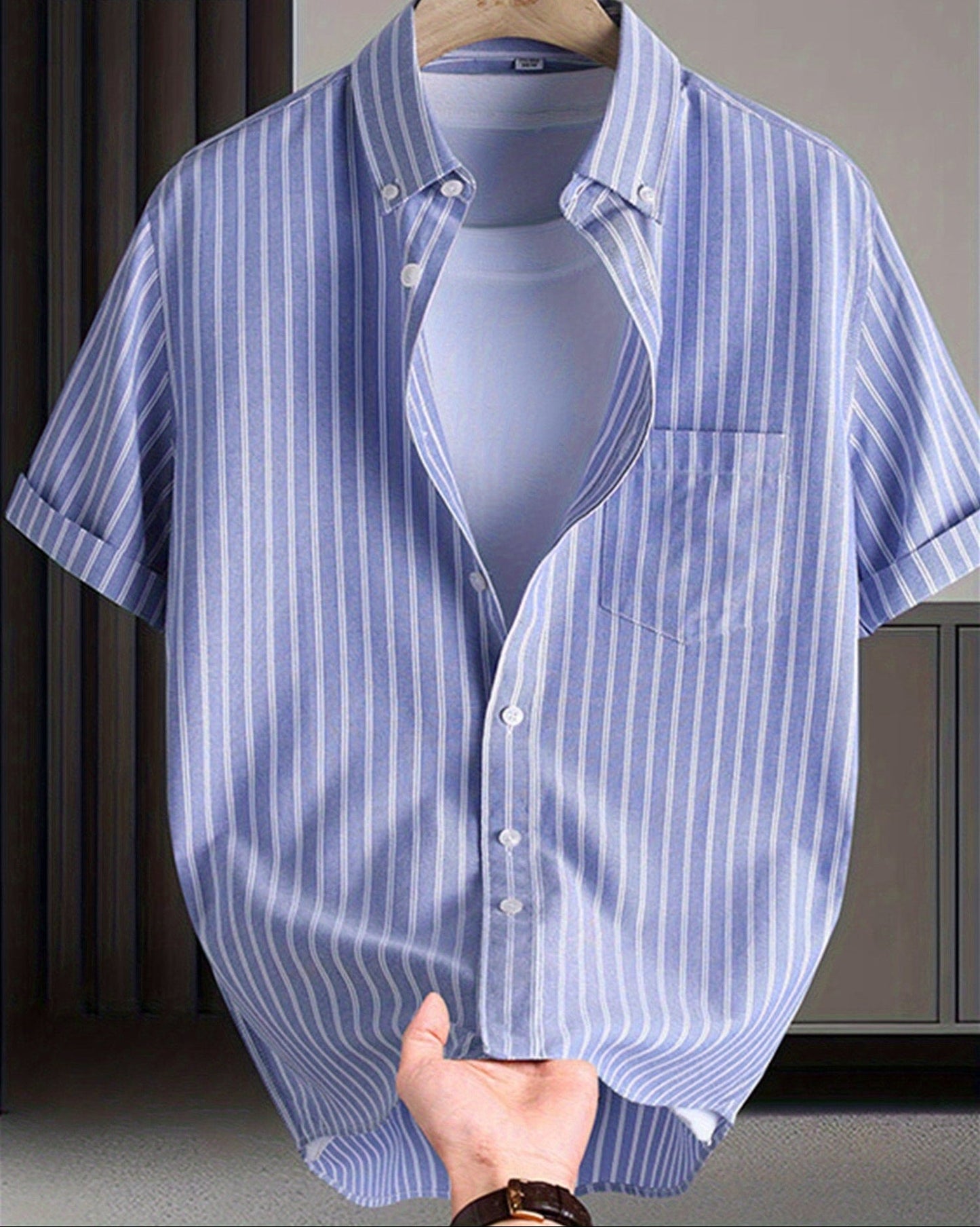 Herren Kurzarm-Hemd mit Streifenmuster und Button-Down-Kragen – Stilvolles Freizeit- und Business-Outfit