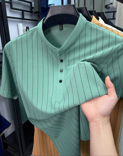 Herren Kurzarm-Hemd mit Stehkragen und Nadelstreifen – Modernes Freizeitshirt mit Knopfleiste