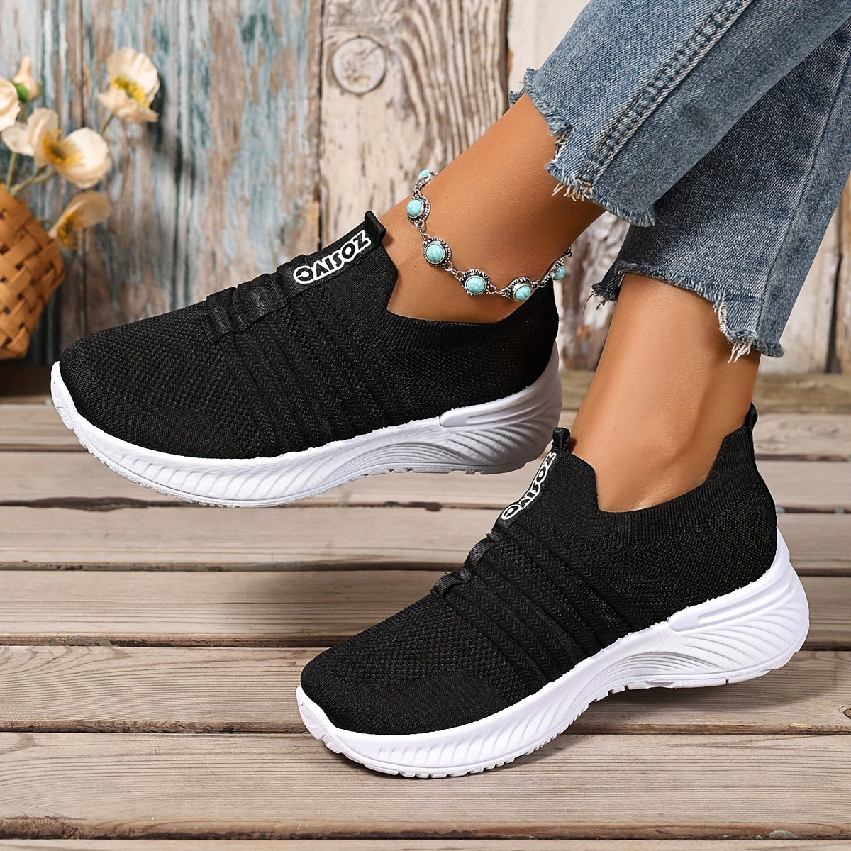 Damen Slip-On Sneakers Freizeit Bequeme Low-Top Schuhe mit Streifen-Design