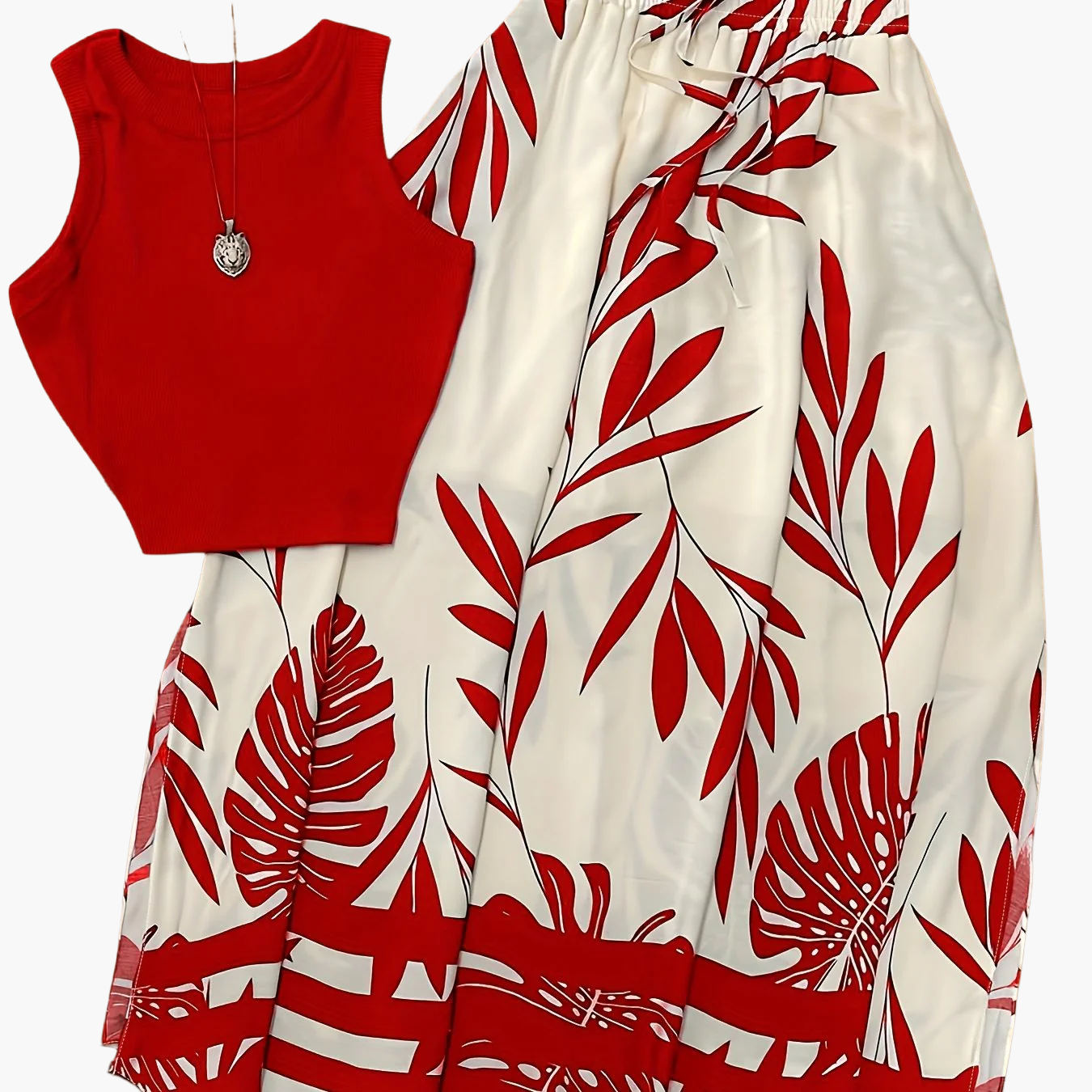 Damen Sommer-Outfit Set – Ärmelloses Top und Maxirock im tropischen Stil, ideal für Urlaub und Freizeit