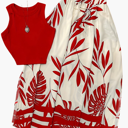 Damen Sommer-Outfit Set – Ärmelloses Top und Maxirock im tropischen Stil, ideal für Urlaub und Freizeit