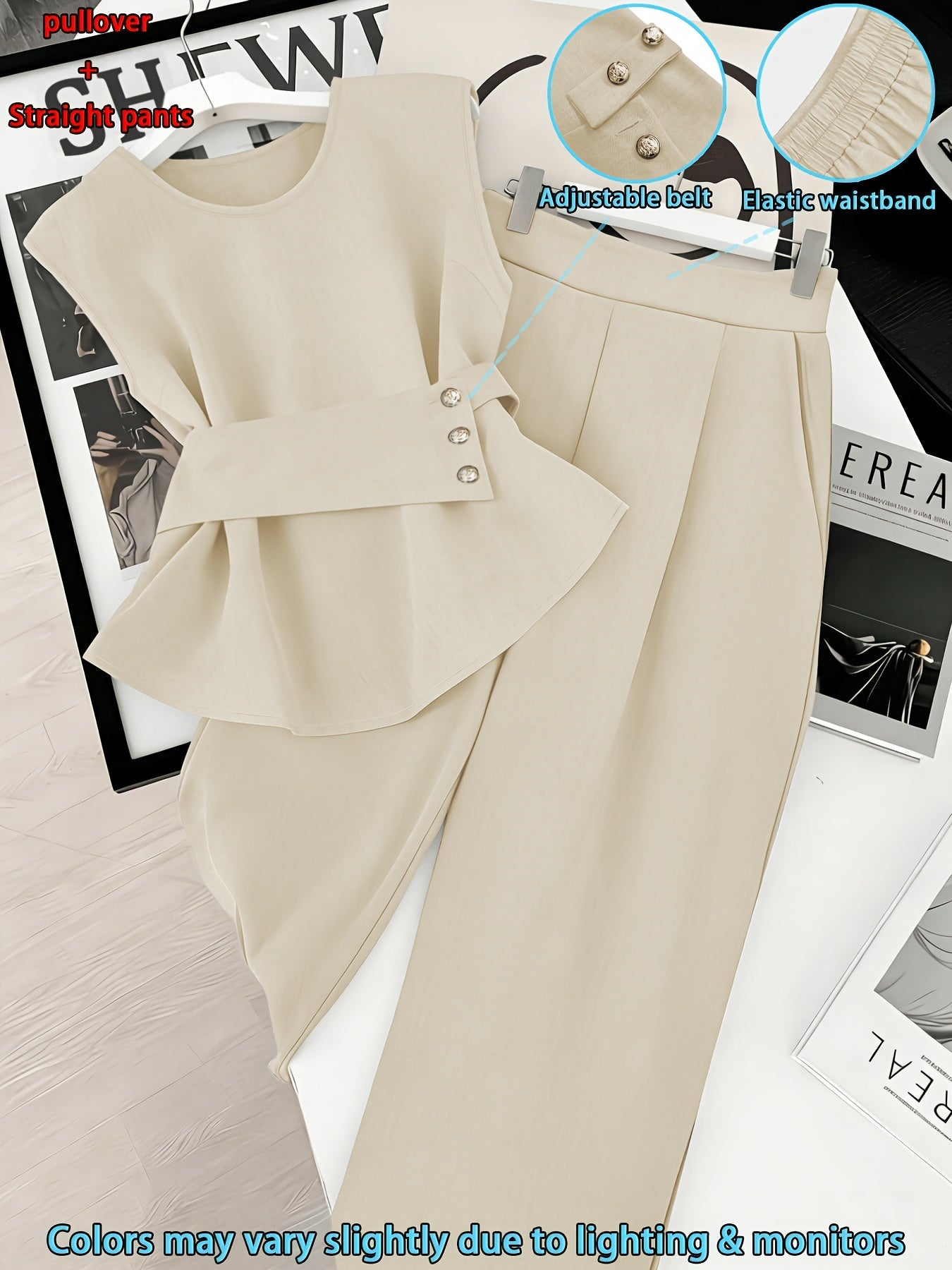 Damen Zweiteiler Set Elegant – Pullover mit Gürtel & Gerade Hose, Modernes Business Outfit