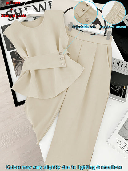 Damen Zweiteiler Set Elegant – Pullover mit Gürtel & Gerade Hose, Modernes Business Outfit