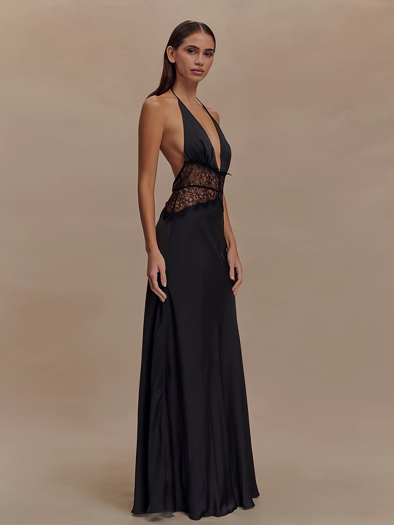 Damen Abendkleid Elegant mit Spitzen-Detail und Tiefem V-Ausschnitt – Perfekt für Besondere Anlässe