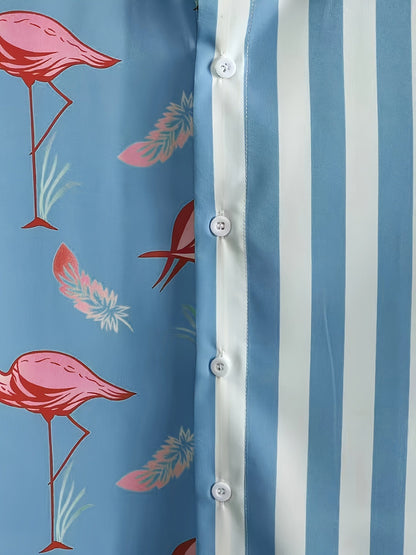 Herren Sommer Freizeit Set mit Flamingo Motiv und Streifen – Stilvolles Kurzarmhemd & Shorts für Urlaub und Alltag