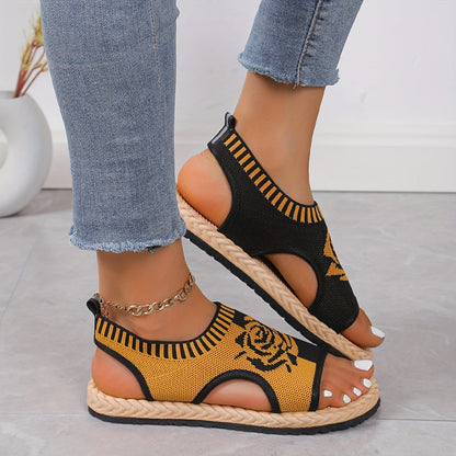 Damen Freizeit Sandalen mit Blumenmuster – Bequeme Sommerschuhe im modernen Strick-Look