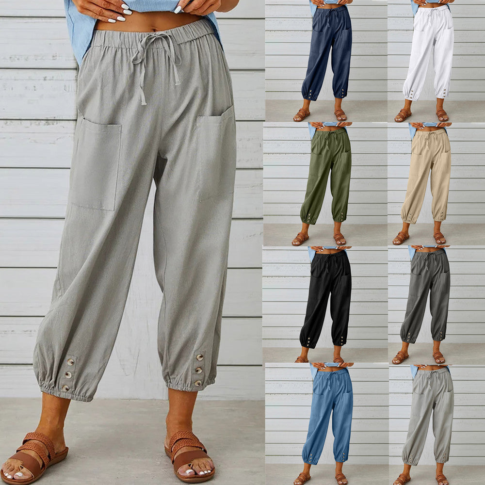 Michelle – Damen Baumwollmischung – Veganes Leinenhose mit Kordelzug und Taschen