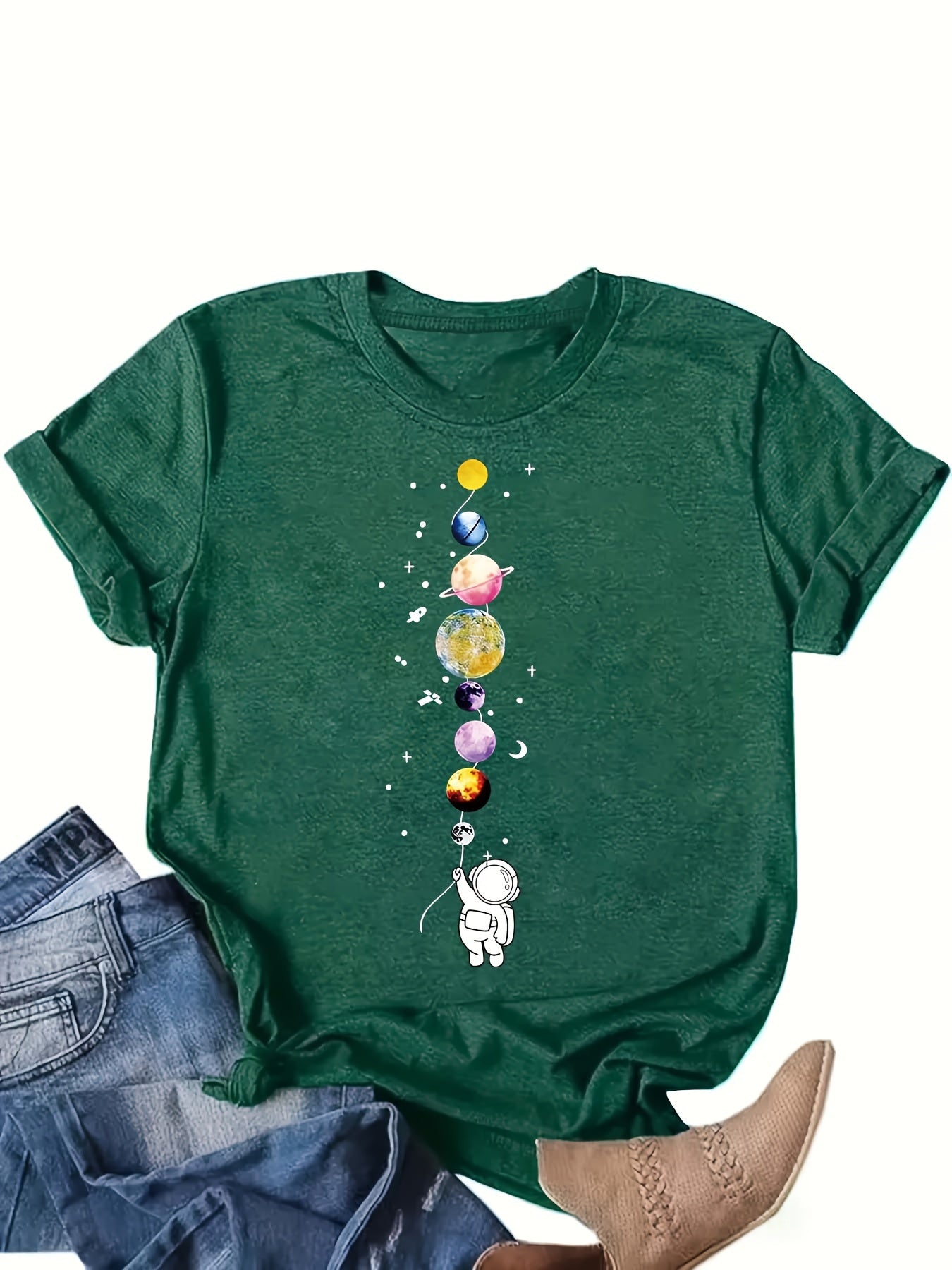 Damen T-Shirt mit Astronaut und Planeten – Casual Space Style für Alltag und Freizeit