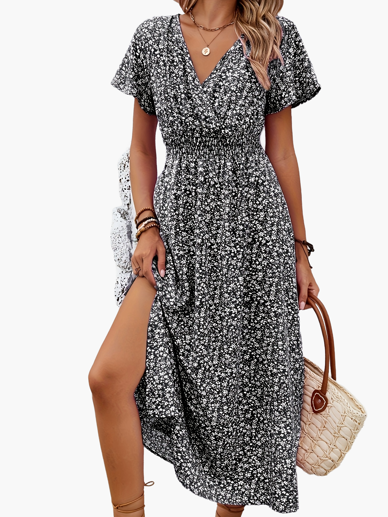 Damen Boho Maxikleid mit V-Ausschnitt und Blumenmuster – Elegantes Sommerkleid für Alltag und Urlaub